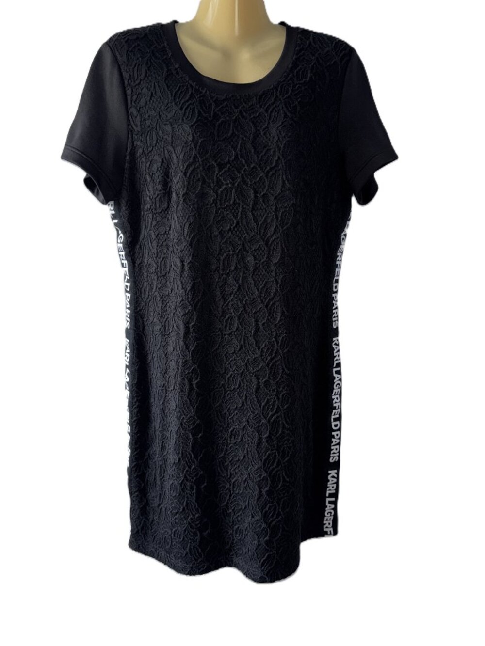 Karl Lagerfeld Paris Black Lace Short Sleeve Shift Dress Logo Side Tape Sz L 1 - Picture 3 of 6
